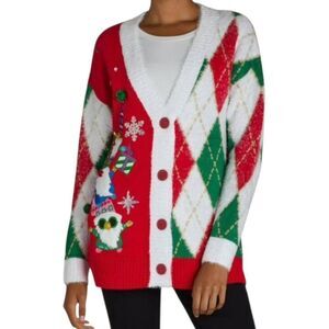 Holiday Time Embellished Cardigan Sweater Tunic Gnomes Snowflakes Argyle size M